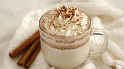 Poster - Luxurious hot chocolate topped with whipped cream, a sprinkle of cocoa powder, and cinnamon sticks on a soft linen background