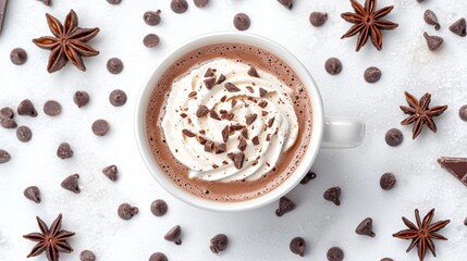 Poster - Mug of hot chocolate with a whipped cream swirl, surrounded by star anise and chocolate chips on an icy white background