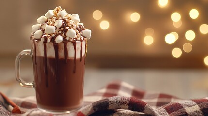 Poster - Rich chocolate drink with a mountain of marshmallows on top, styled on a cozy plaid background with fairy lights in the distance