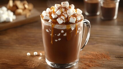 Poster - Smooth hot cocoa topped with caramel and mini marshmallows, garnished with a sprinkle of cinnamon on a wooden table