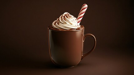 Poster - Thick hot chocolate with whipped cream and a peppermint candy stick, on an isolated dark brown background