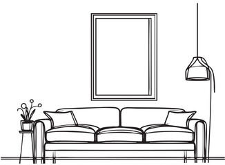 Wall Mural - Linear sketch of an interior. Hand drawn sofa in sketch style