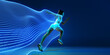 © master1305 - Back view of athletic young woman in white sportswear in motion, running against blue background with abstract futuristic neon wave elements. Concept of sport, competition. Banner, ad. Modern art