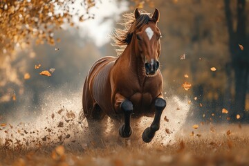 Wall Mural - powerful horse galloping in autumn field kicking up dust and leaves