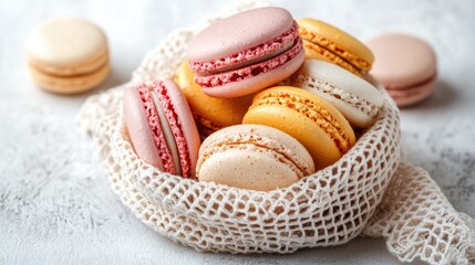 Canvas Print - Colorful almond macarons on a light backdrop vintage style festive food idea with ample space for text