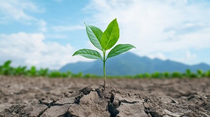 Wall Mural - The green plant grows in the middle of a cracked and dry earth as a concept for protecting the environment from the damage of climate change and human activities.