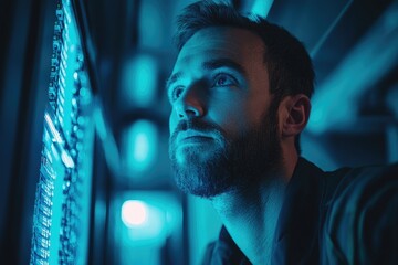 Wall Mural - technician monitoring server rack in futuristic data center
