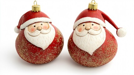 Wall Mural - Hand-painted wooden Santa ornaments with glitter accents, isolated on a white background