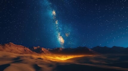 Wall Mural - Colorful Milky Way and yellow light illuminate mountains in a night landscape featuring a starry sky and hills during summer 3D cartoon rendering of a beautiful universe and space background