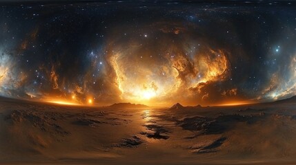 Wall Mural - 360 degree stellar system and glowing nebula in 3d cartoon rendering equirectangular projection sphe