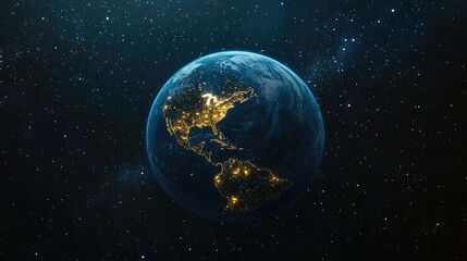 Wall Mural - Beautiful blue planet Earth with yellow city lights in a 3D cartoon rendering against a starry background in outer space