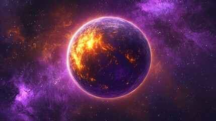 Wall Mural - a round purple planet featuring a molten core at its center floats in space surrounded by a star sph