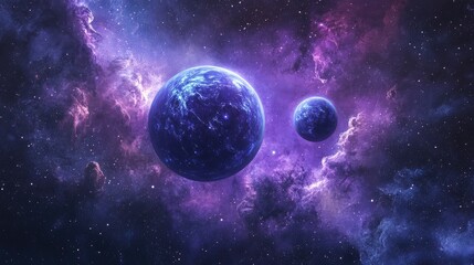 Wall Mural - a purple and blue planet in deep space with two moons depicted in 3d cartoon rendering digital 3d il