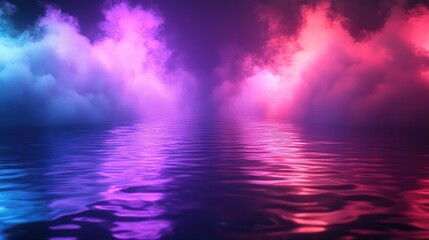 Poster - abstract dark background featuring an empty street with neon light reflections on water includes blu