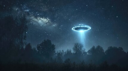 Wall Mural - fantasy banner featuring a ufo spaceship amidst a starry night sky presented on a dark background