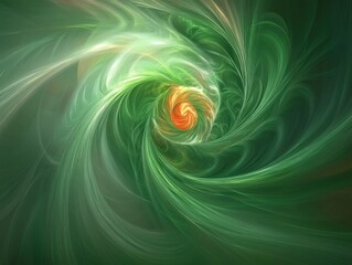 Wall Mural - Abstract green fractal swirl featuring smooth satin waves and a vibrant red orange core