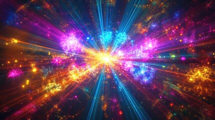 Wall Mural - abstract multicolored art background featuring golden light laser beams and glowing fractals ideal f