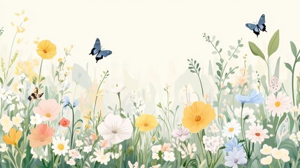 Poster - A serene meadow with colorful wildflowers and butterflies under a clear sky, AI