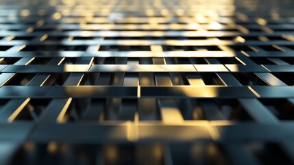 Wall Mural - a textured grid of reflective metallic tiles, illuminated by a warm golden light, creating a geometr