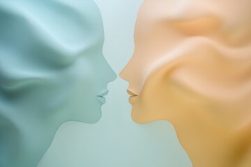 Poster - Two abstract faces in soft pastel colors represent communication and empathy, highlighting a moment of connection and understanding. Generative AI