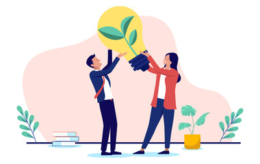 Aufkleber - Sustainable green business - Businessman and businesswoman with big environmental lightbulb. Renewable energy and eco friendly business concept in flat design vector illustration with white background