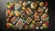 © Zafercan - colorful food spread, overhead view, diverse ingredients, fresh fruits and vegetables, nuts and seeds, berries, citrus, herbs, spices, grains, legumes, healthy eating, Mediterranean diet, variety of t