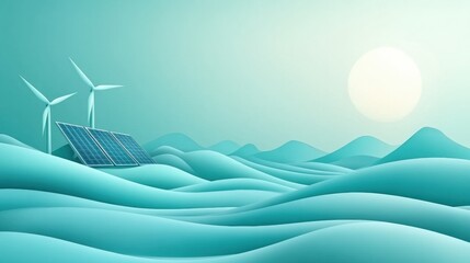 Poster - Solar panels and wind turbines harness renewable energy in a serene landscape, AI