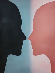 Poster - Two abstract silhouettes in soft pastel hues represent the essence of communication and empathy between individuals. Generative AI
