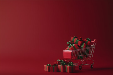 Wall Mural - Christmas gift red boxes in store cart on red background. 