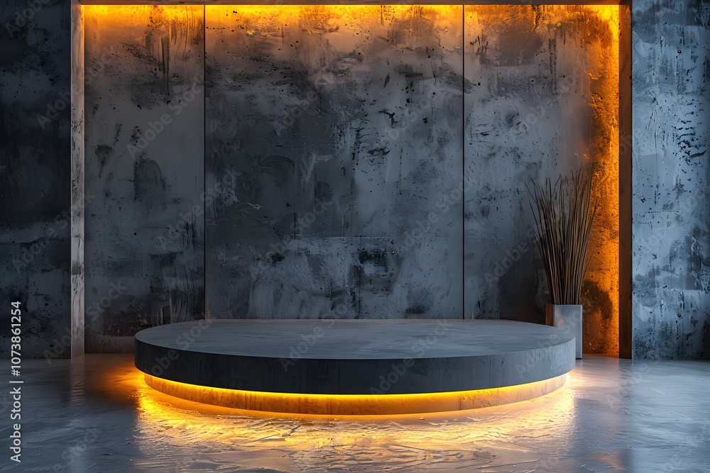 Concrete platform with yellow neon lighting and textured wall ...