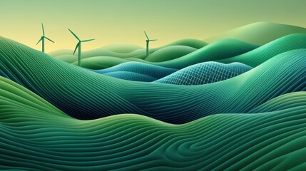 Poster - Wind turbines stand tall amidst rolling green hills under a serene sky, AI