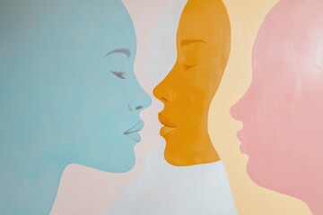 Fototapete - Silhouettes of two faces in soft pastel colors represent the themes of empathy and communication, artfully connecting in a modern design. Generative AI
