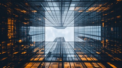 Wall Mural - a low angle view looking up at a tall glass skyscraper. the building is made of glass and steel and 