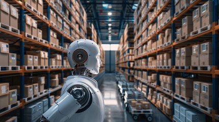 A Humanoid Robot Navigating Through a Warehouse Filled With Neatly Stacked Boxes During Daytime, Reflecting Advancements in Automation and Artificial Intelligence in Logistics
