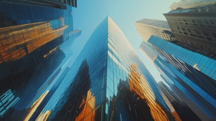 Wall Mural - a low angle view of a city skyline with tall buildings reaching for the blue sky.