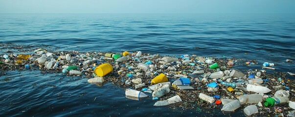 plastic garbage patch in ocean, pollution concept, flat design icon