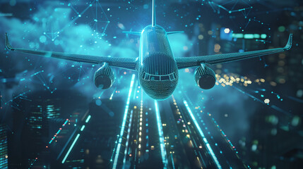 Wall Mural - A Futuristic Airplane Takes Flight Over a Digital Cityscape at Night, Illuminated by Neon Lights and High-Tech Visuals, Showcasing Innovation in Aviation Technology