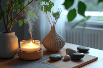 Wall Mural - Serene home meditation space  aroma diffuser, candles, and comfort stones for relaxation decor