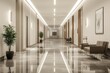 © Faisal Ai - A modern office lobby corridor with reflective marble floors, simple lighting fixtures, and minimalist furnishings, offering a fresh and elegant design.