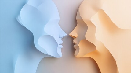 Fototapete - The artwork features two abstract faces in pastel shades, highlighting themes of connection and understanding in interpersonal relationships. Generative AI
