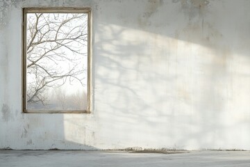 Poster - A window frames a tranquil outdoor view, showcasing a tree outside and casting subtle shadows on the empty interior wall. Generative AI