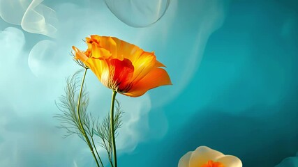 Wall Mural - Elegant Abstract Floral Art with Smoke and Orange Petals on Teal Background.Beautiful composition with fresh flowers floating in colorful smoke