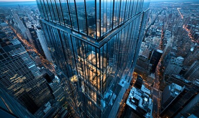 Wall Mural - aerial view of a modern glass skyscraper in a city at dusk, with the city lights glowing in the dist