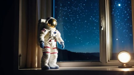 Wall Mural - a small astronaut figurine is standing in front of a window. the window is lit up by a light