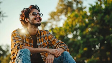 Wall Mural - Happy man in a casual outfit, seated outdoors with a clear sky and green trees in the background