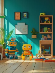 Poster - A colorful children's room showcases friendly robot helpers among vibrant decorations and sunlight streaming through the windows. Generative AI