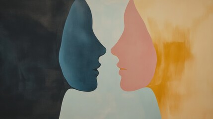 Fototapete - Two abstract silhouettes in pastel shades represent the connection and understanding between individuals during a quiet moment of reflection. Generative AI