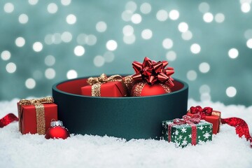 Wall Mural - Empty round gift box on blue background with bokeh. Christmas background for design. Image for montage or display your products. New Year red and green gifts in the snow. Copy space.