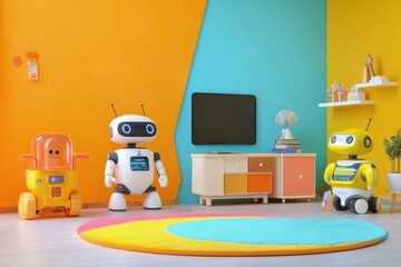 Poster - Cheerful robot assistants interact playfully with children in a bright, colorful room designed for fun and creativity. Generative AI