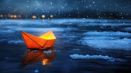 Sticker - A glowing paper boat floats on icy water amidst falling snowflakes.